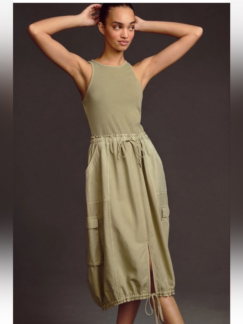 Anthropologie Daily Practice Dress size M Be Bold Twofer Khaki Cargo Midi Tank - Picture 2 of 10